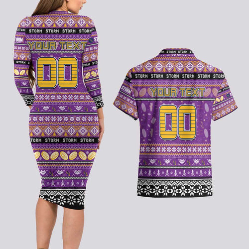 Personalized Storm Rugby Xmas Couples Matching Long Sleeve Bodycon Dress and Hawaiian Shirt Australia NRL Mascot