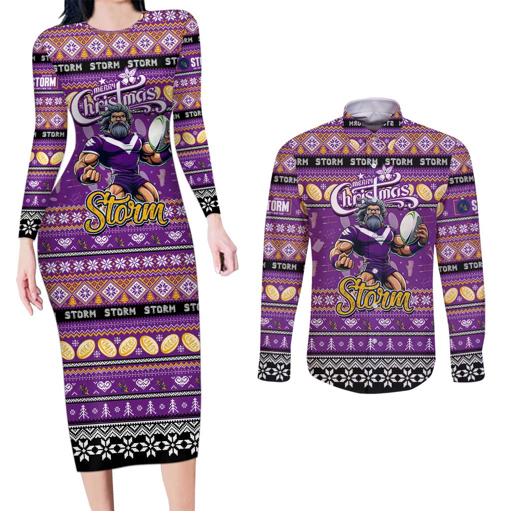 Personalized Storm Rugby Xmas Couples Matching Long Sleeve Bodycon Dress and Long Sleeve Button Shirt Australia NRL Mascot