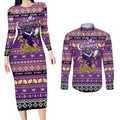 Personalized Storm Rugby Xmas Couples Matching Long Sleeve Bodycon Dress and Long Sleeve Button Shirt Australia NRL Mascot