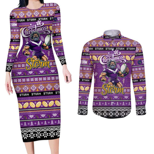 Personalized Storm Rugby Xmas Couples Matching Long Sleeve Bodycon Dress and Long Sleeve Button Shirt Australia NRL Mascot