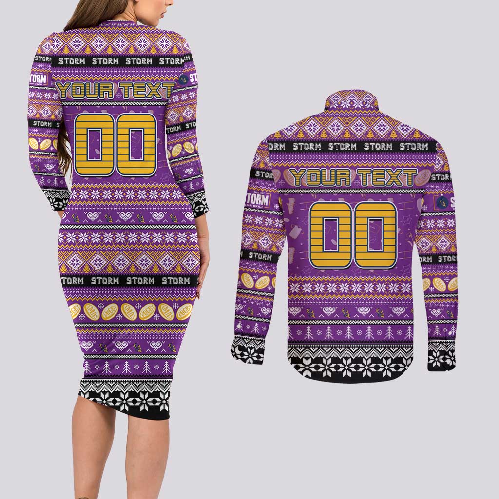 Personalized Storm Rugby Xmas Couples Matching Long Sleeve Bodycon Dress and Long Sleeve Button Shirt Australia NRL Mascot