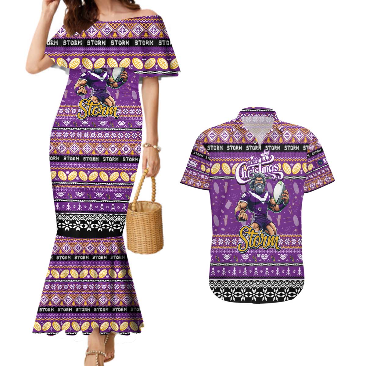 Personalized Storm Rugby Xmas Couples Matching Mermaid Dress and Hawaiian Shirt Australia NRL Mascot