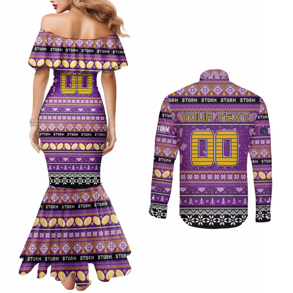Personalized Storm Rugby Xmas Couples Matching Mermaid Dress and Long Sleeve Button Shirt Australia NRL Mascot