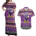 Personalized Storm Rugby Xmas Couples Matching Off Shoulder Maxi Dress and Hawaiian Shirt Australia NRL Mascot