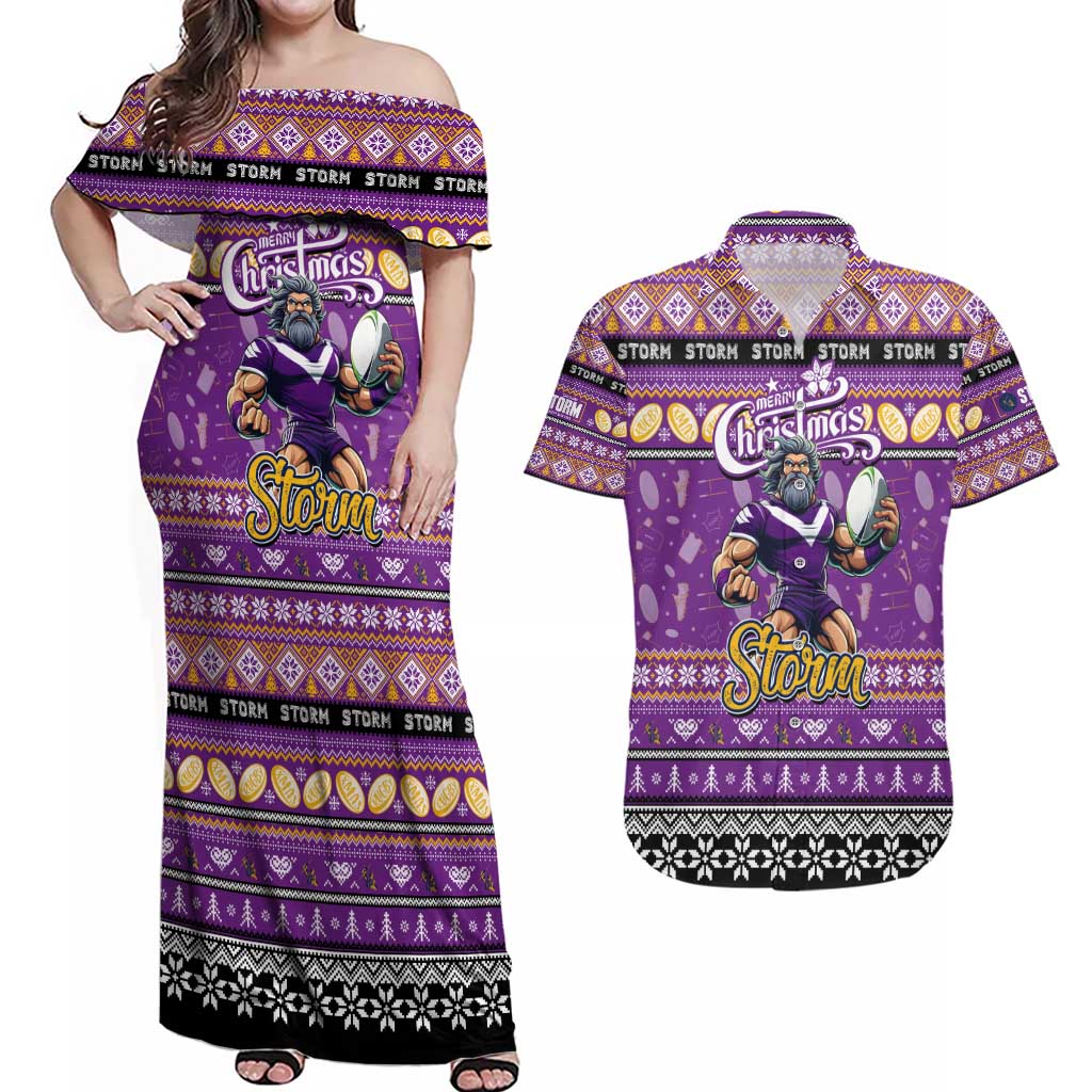 Personalized Storm Rugby Xmas Couples Matching Off Shoulder Maxi Dress and Hawaiian Shirt Australia NRL Mascot