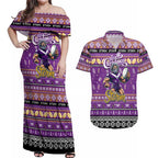 Personalized Storm Rugby Xmas Couples Matching Off Shoulder Maxi Dress and Hawaiian Shirt Australia NRL Mascot