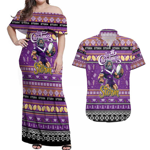 Personalized Storm Rugby Xmas Couples Matching Off Shoulder Maxi Dress and Hawaiian Shirt Australia NRL Mascot