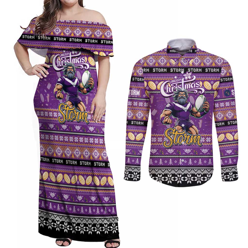 Personalized Storm Rugby Xmas Couples Matching Off Shoulder Maxi Dress and Long Sleeve Button Shirt Australia NRL Mascot