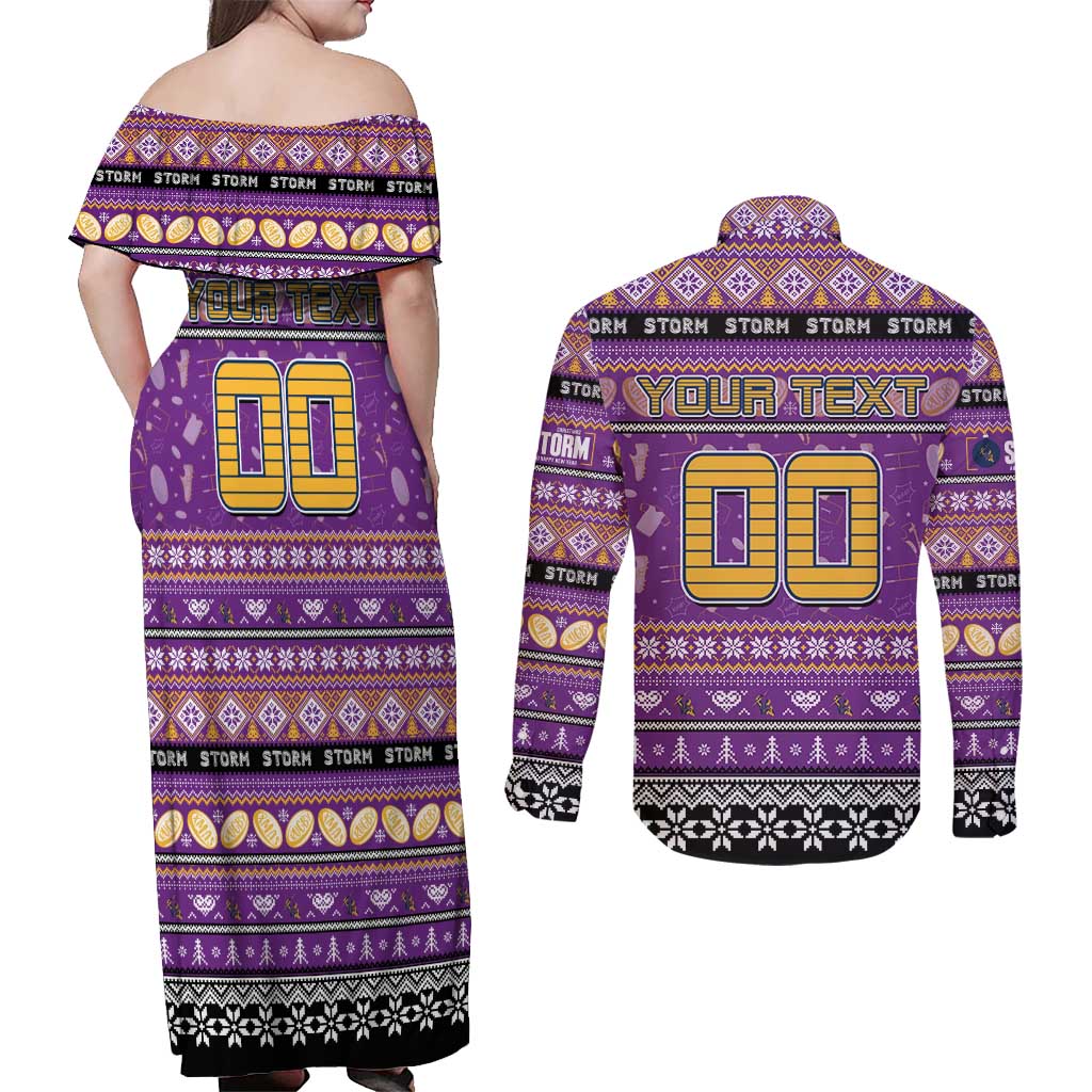 Personalized Storm Rugby Xmas Couples Matching Off Shoulder Maxi Dress and Long Sleeve Button Shirt Australia NRL Mascot