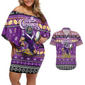 Personalized Storm Rugby Xmas Couples Matching Off Shoulder Short Dress and Hawaiian Shirt Australia NRL Mascot