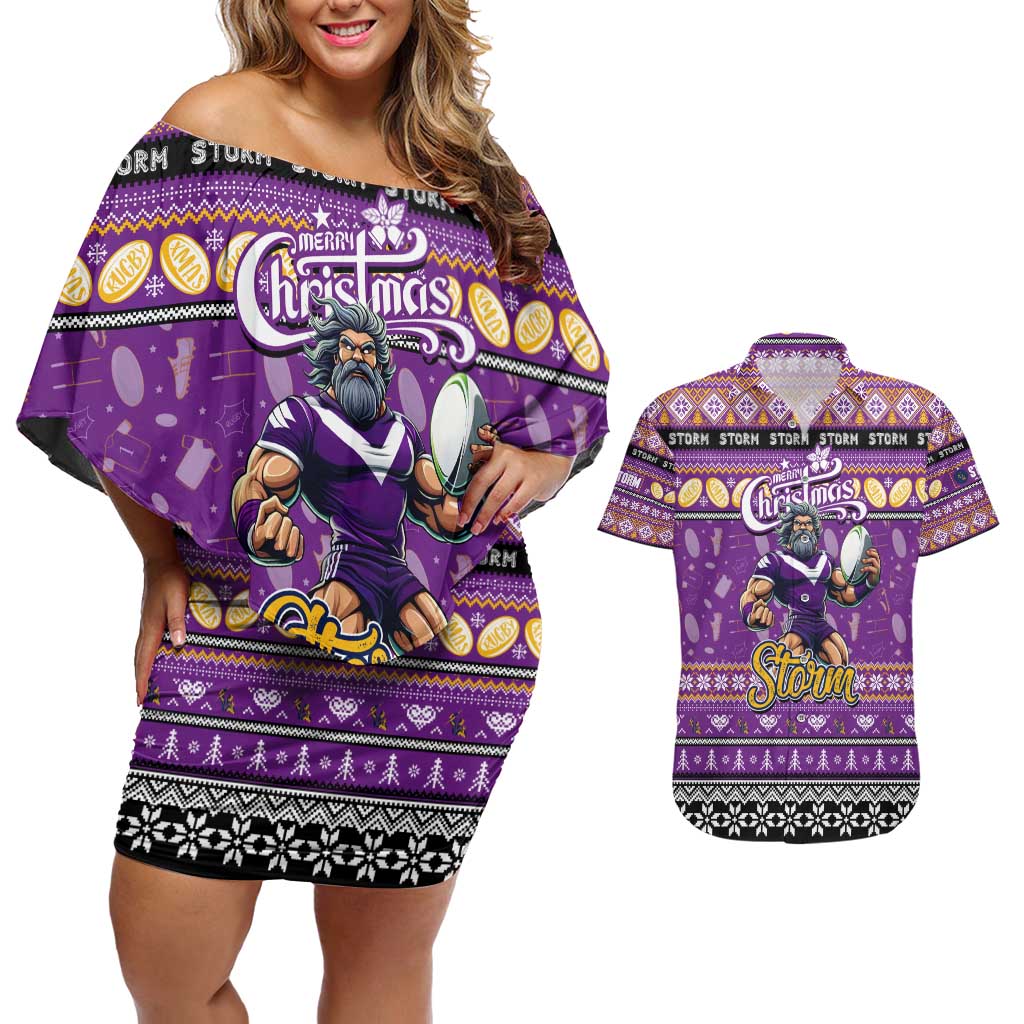 Personalized Storm Rugby Xmas Couples Matching Off Shoulder Short Dress and Hawaiian Shirt Australia NRL Mascot