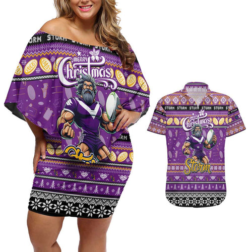 Personalized Storm Rugby Xmas Couples Matching Off Shoulder Short Dress and Hawaiian Shirt Australia NRL Mascot