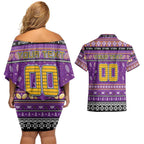 Personalized Storm Rugby Xmas Couples Matching Off Shoulder Short Dress and Hawaiian Shirt Australia NRL Mascot