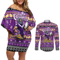 Personalized Storm Rugby Xmas Couples Matching Off Shoulder Short Dress and Long Sleeve Button Shirt Australia NRL Mascot
