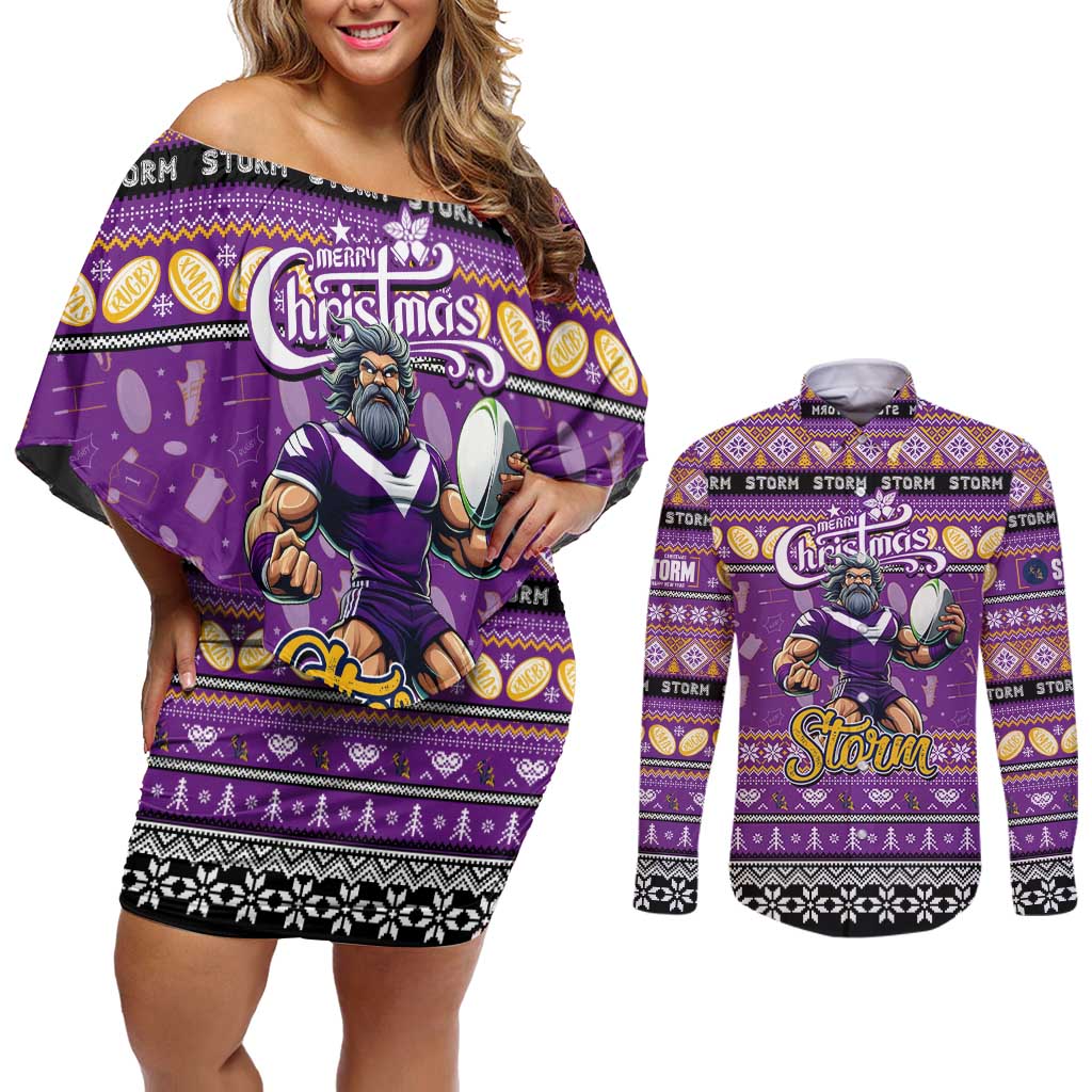 Personalized Storm Rugby Xmas Couples Matching Off Shoulder Short Dress and Long Sleeve Button Shirt Australia NRL Mascot
