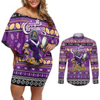 Personalized Storm Rugby Xmas Couples Matching Off Shoulder Short Dress and Long Sleeve Button Shirt Australia NRL Mascot