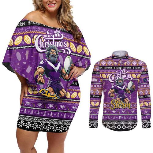 Personalized Storm Rugby Xmas Couples Matching Off Shoulder Short Dress and Long Sleeve Button Shirt Australia NRL Mascot