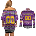 Personalized Storm Rugby Xmas Couples Matching Off Shoulder Short Dress and Long Sleeve Button Shirt Australia NRL Mascot