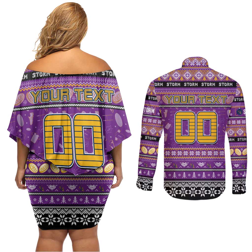 Personalized Storm Rugby Xmas Couples Matching Off Shoulder Short Dress and Long Sleeve Button Shirt Australia NRL Mascot