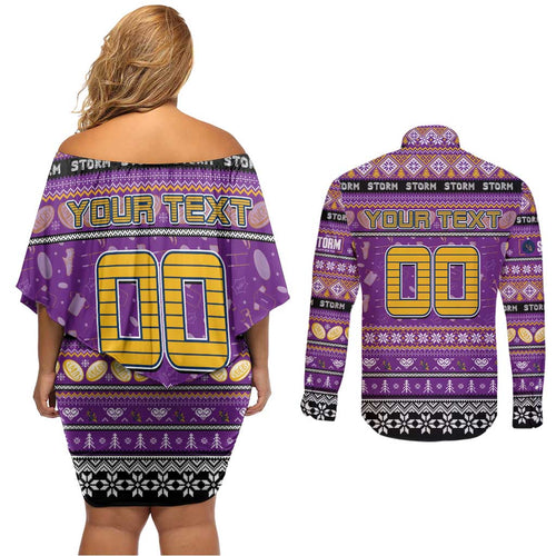 Personalized Storm Rugby Xmas Couples Matching Off Shoulder Short Dress and Long Sleeve Button Shirt Australia NRL Mascot