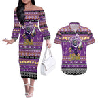 Personalized Storm Rugby Xmas Couples Matching Off The Shoulder Long Sleeve Dress and Hawaiian Shirt Australia NRL Mascot