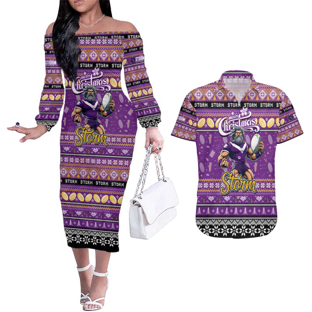 Personalized Storm Rugby Xmas Couples Matching Off The Shoulder Long Sleeve Dress and Hawaiian Shirt Australia NRL Mascot