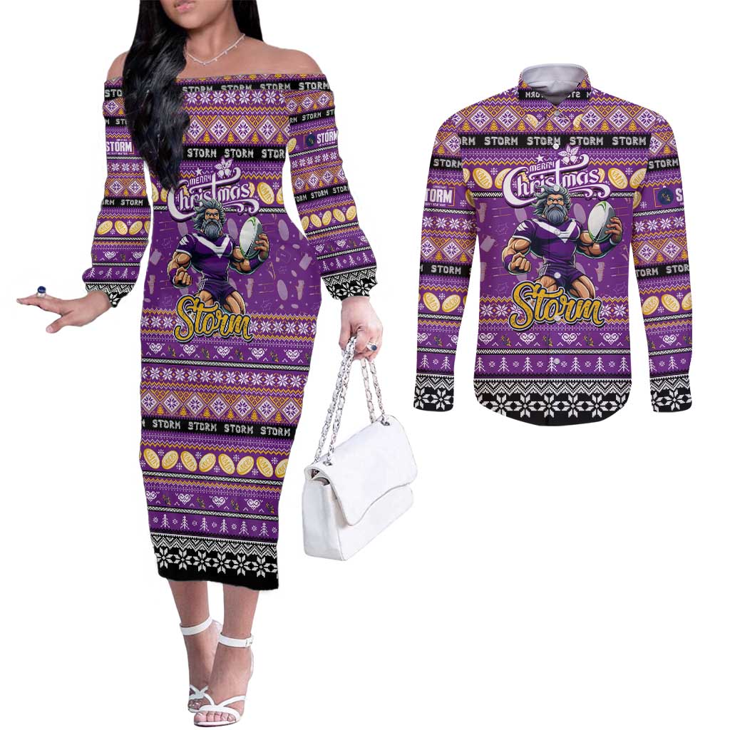 Personalized Storm Rugby Xmas Couples Matching Off The Shoulder Long Sleeve Dress and Long Sleeve Button Shirt Australia NRL Mascot