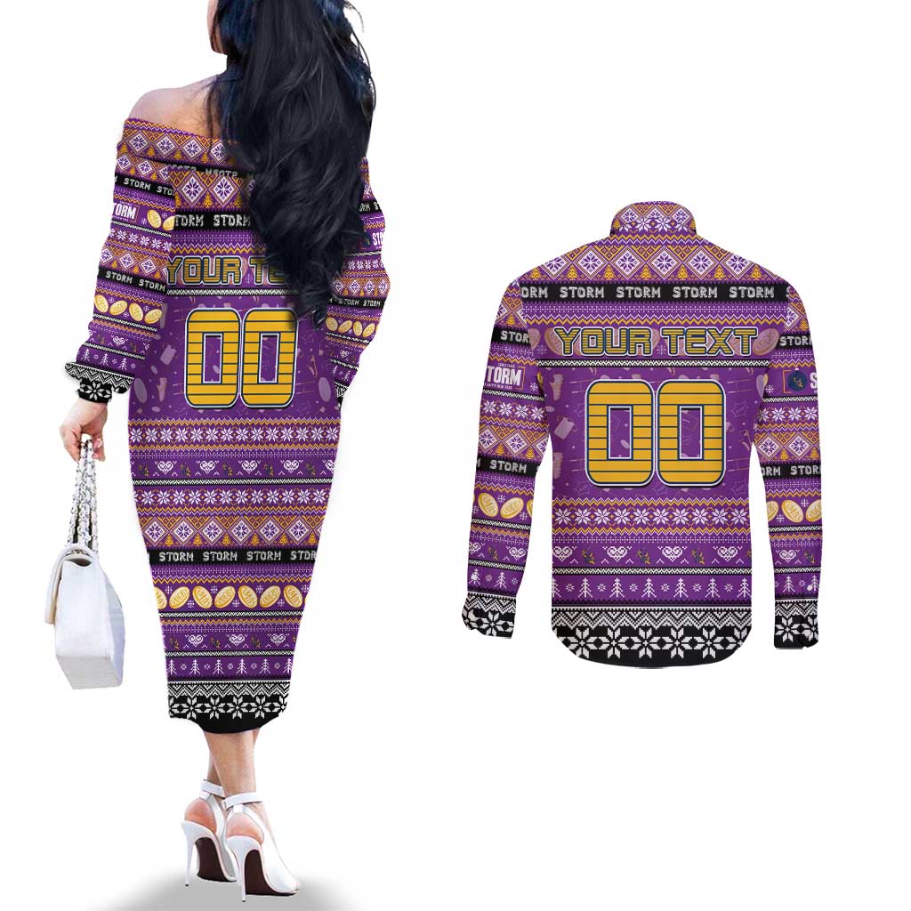Personalized Storm Rugby Xmas Couples Matching Off The Shoulder Long Sleeve Dress and Long Sleeve Button Shirt Australia NRL Mascot