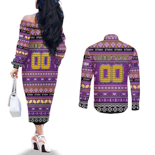 Personalized Storm Rugby Xmas Couples Matching Off The Shoulder Long Sleeve Dress and Long Sleeve Button Shirt Australia NRL Mascot