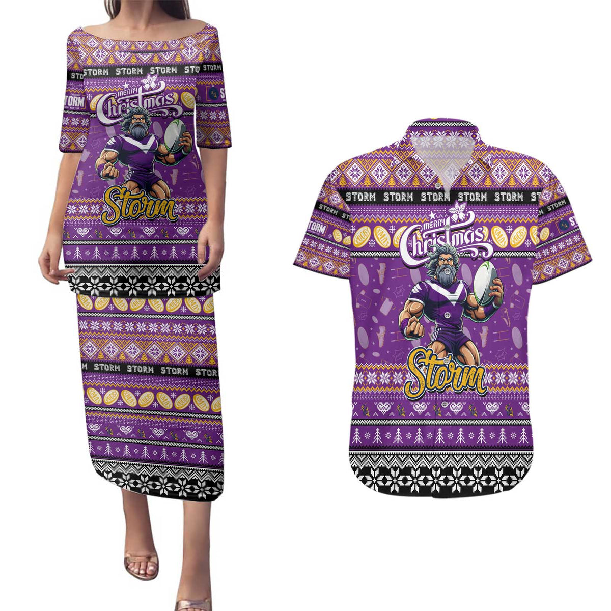 Personalized Storm Rugby Xmas Couples Matching Puletasi and Hawaiian Shirt Australia NRL Mascot