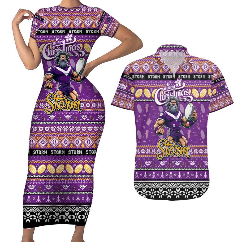 Personalized Storm Rugby Xmas Couples Matching Short Sleeve Bodycon Dress and Hawaiian Shirt Australia NRL Mascot