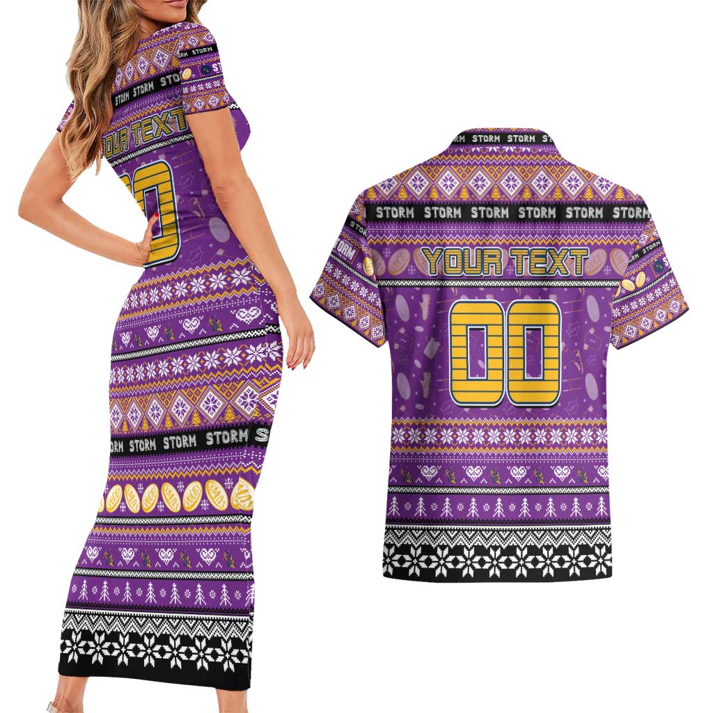 Personalized Storm Rugby Xmas Couples Matching Short Sleeve Bodycon Dress and Hawaiian Shirt Australia NRL Mascot
