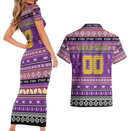Personalized Storm Rugby Xmas Couples Matching Short Sleeve Bodycon Dress and Hawaiian Shirt Australia NRL Mascot