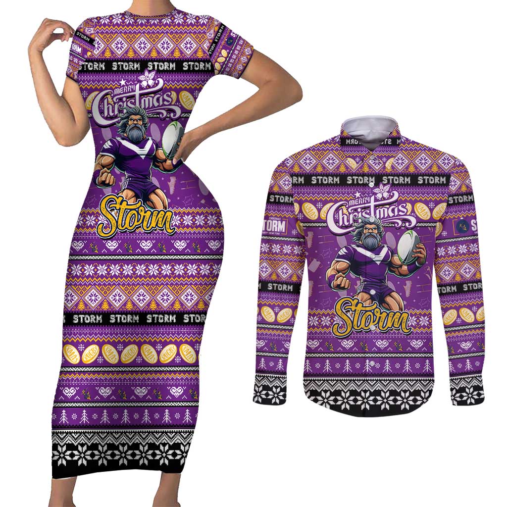 Personalized Storm Rugby Xmas Couples Matching Short Sleeve Bodycon Dress and Long Sleeve Button Shirt Australia NRL Mascot