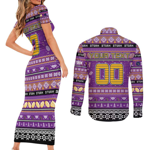 Personalized Storm Rugby Xmas Couples Matching Short Sleeve Bodycon Dress and Long Sleeve Button Shirt Australia NRL Mascot