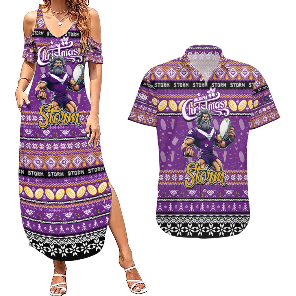 Personalized Storm Rugby Xmas Couples Matching Summer Maxi Dress and Hawaiian Shirt Australia NRL Mascot