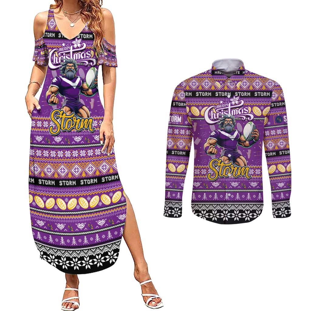 Personalized Storm Rugby Xmas Couples Matching Summer Maxi Dress and Long Sleeve Button Shirt Australia NRL Mascot