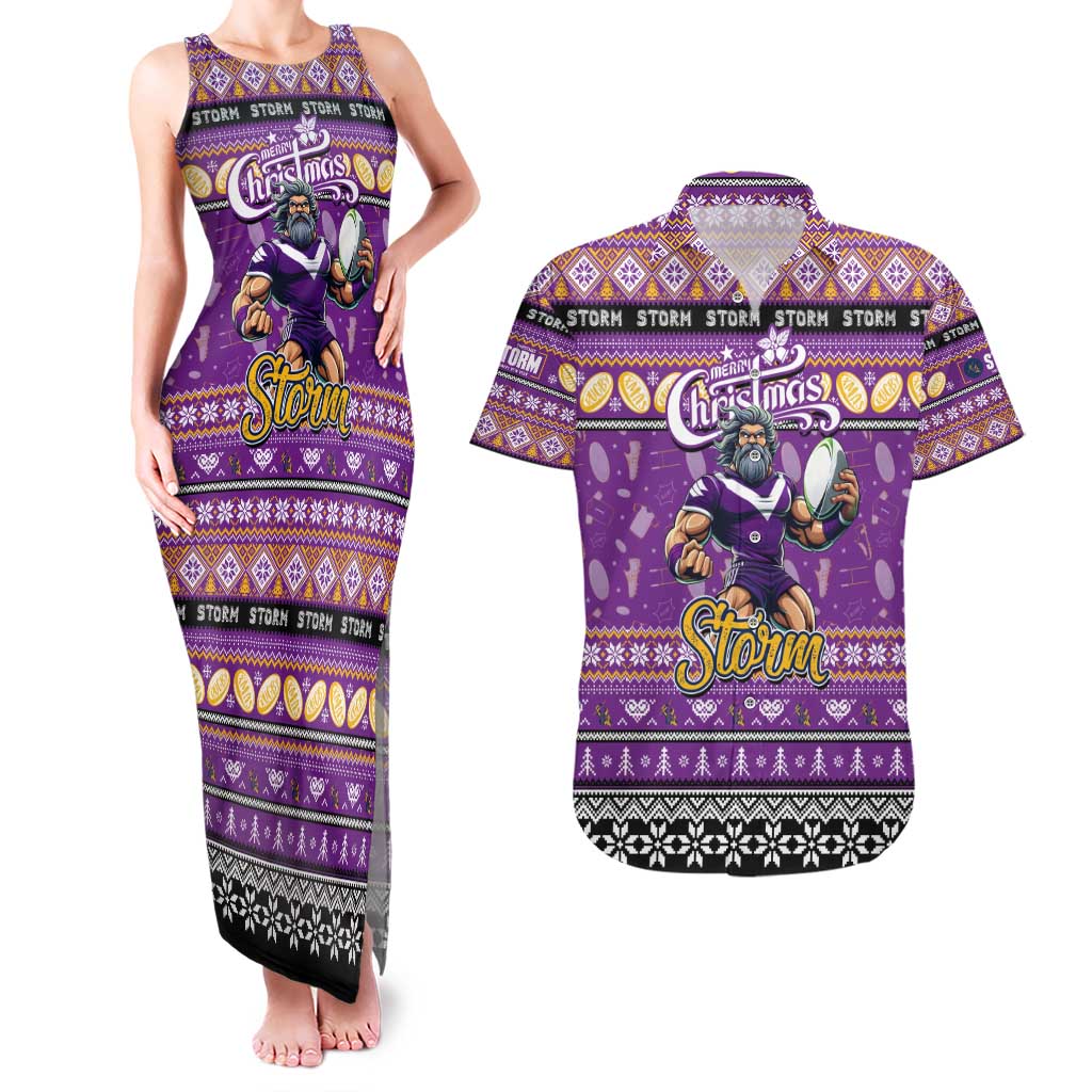 Personalized Storm Rugby Xmas Couples Matching Tank Maxi Dress and Hawaiian Shirt Australia NRL Mascot