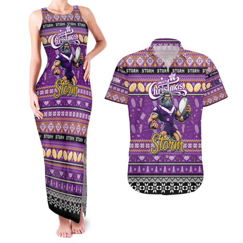 Personalized Storm Rugby Xmas Couples Matching Tank Maxi Dress and Hawaiian Shirt Australia NRL Mascot