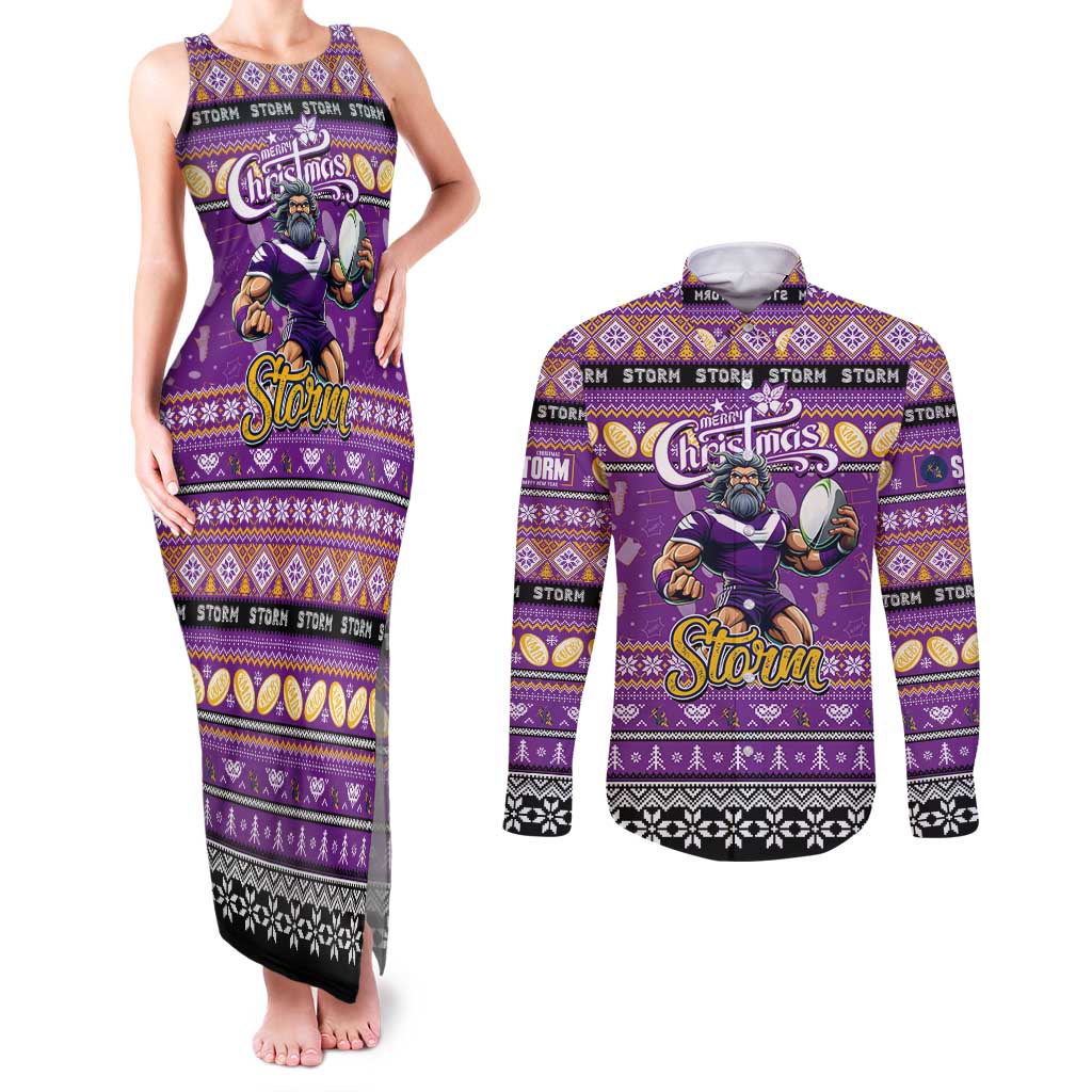 Personalized Storm Rugby Xmas Couples Matching Tank Maxi Dress and Long Sleeve Button Shirt Australia NRL Mascot