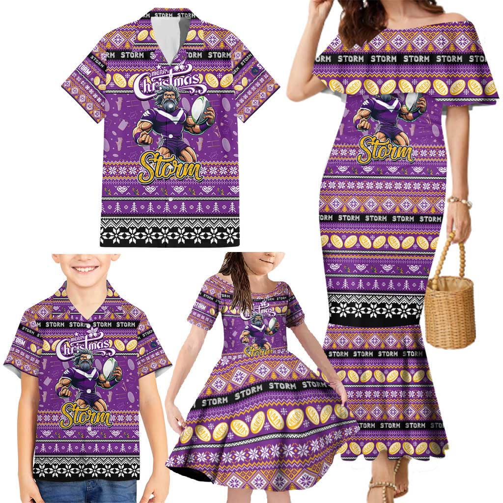 Personalized Storm Rugby Xmas Family Matching Mermaid Dress and Hawaiian Shirt Australia NRL Mascot