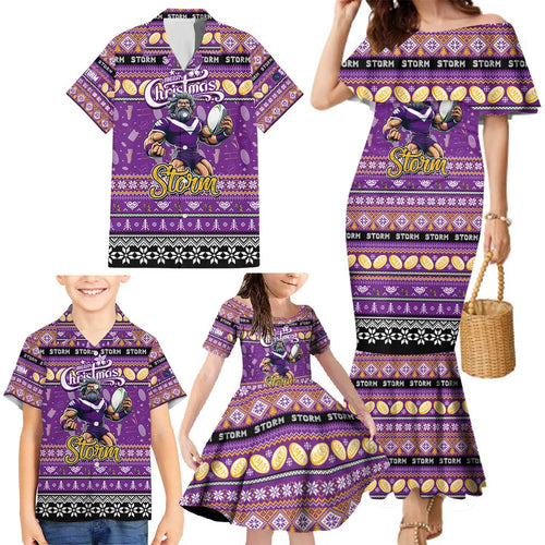 Personalized Storm Rugby Xmas Family Matching Mermaid Dress and Hawaiian Shirt Australia NRL Mascot