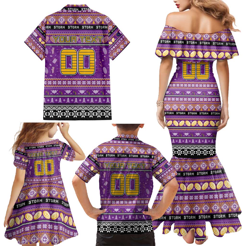 Personalized Storm Rugby Xmas Family Matching Mermaid Dress and Hawaiian Shirt Australia NRL Mascot