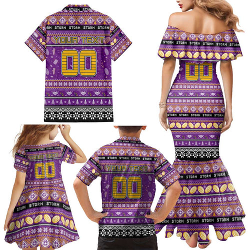 Personalized Storm Rugby Xmas Family Matching Mermaid Dress and Hawaiian Shirt Australia NRL Mascot