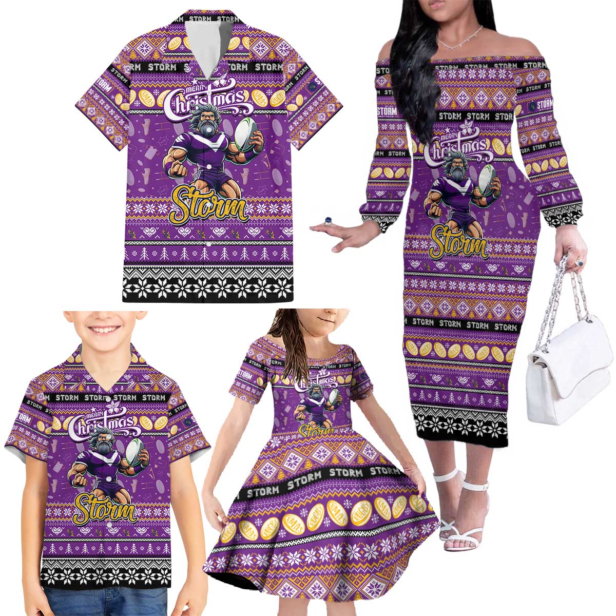 Personalized Storm Rugby Xmas Family Matching Off The Shoulder Long Sleeve Dress and Hawaiian Shirt Australia NRL Mascot