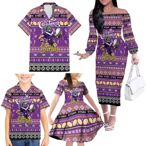 Personalized Storm Rugby Xmas Family Matching Off The Shoulder Long Sleeve Dress and Hawaiian Shirt Australia NRL Mascot