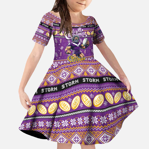 Personalized Storm Rugby Xmas Family Matching Off The Shoulder Long Sleeve Dress and Hawaiian Shirt Australia NRL Mascot