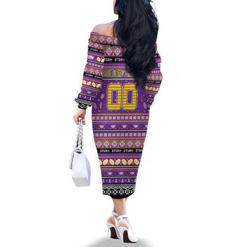 Personalized Storm Rugby Xmas Family Matching Off The Shoulder Long Sleeve Dress and Hawaiian Shirt Australia NRL Mascot
