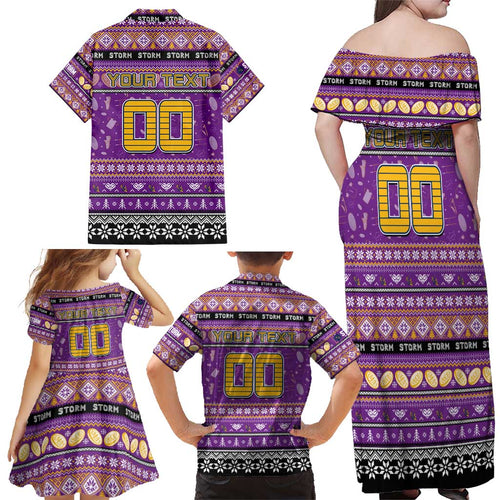 Personalized Storm Rugby Xmas Family Matching Off Shoulder Maxi Dress and Hawaiian Shirt Australia NRL Mascot