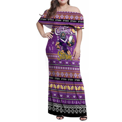 Personalized Storm Rugby Xmas Family Matching Off Shoulder Maxi Dress and Hawaiian Shirt Australia NRL Mascot
